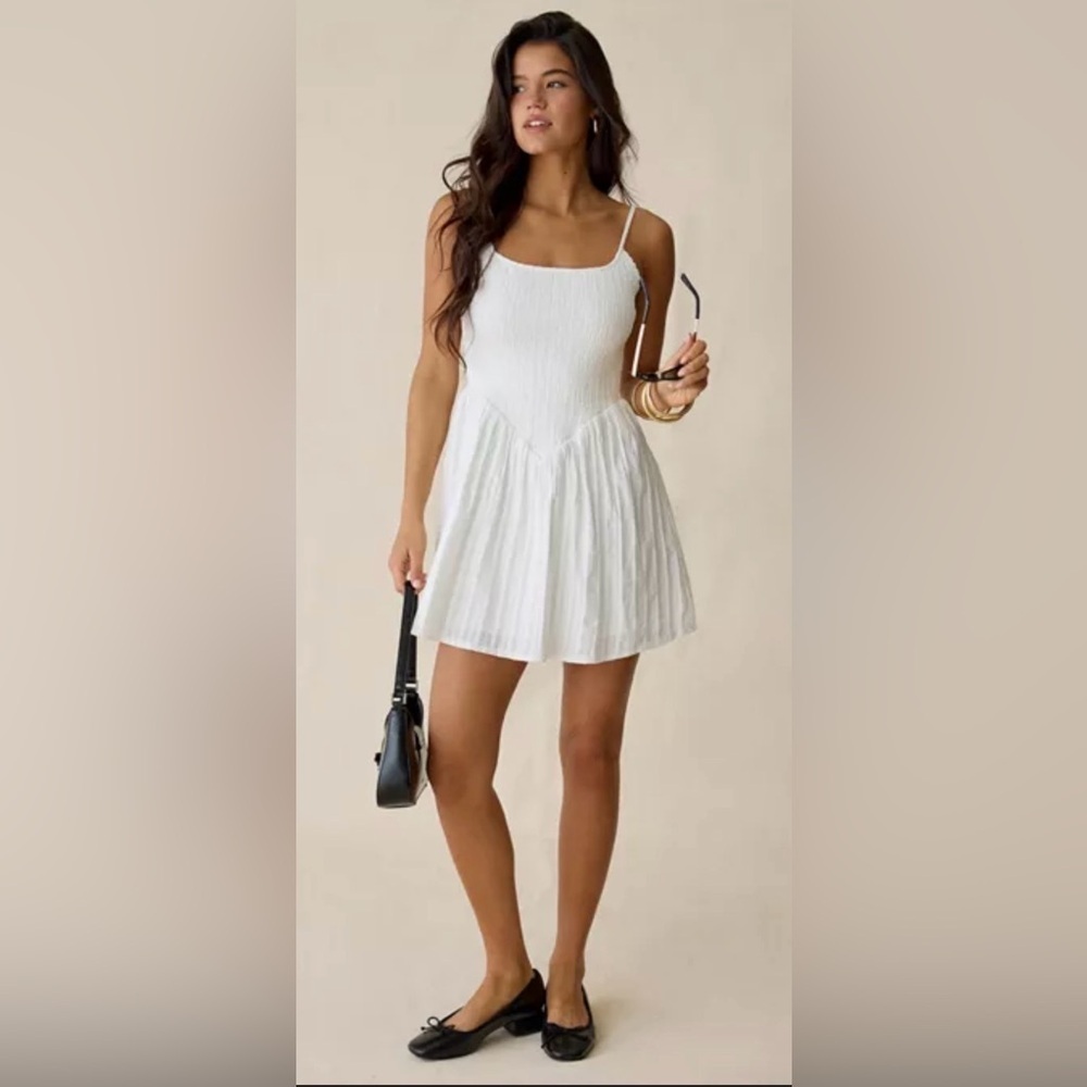 Urban Outfitters Smocked Mini Dress White Babydoll Festival Resort Vacation ,L